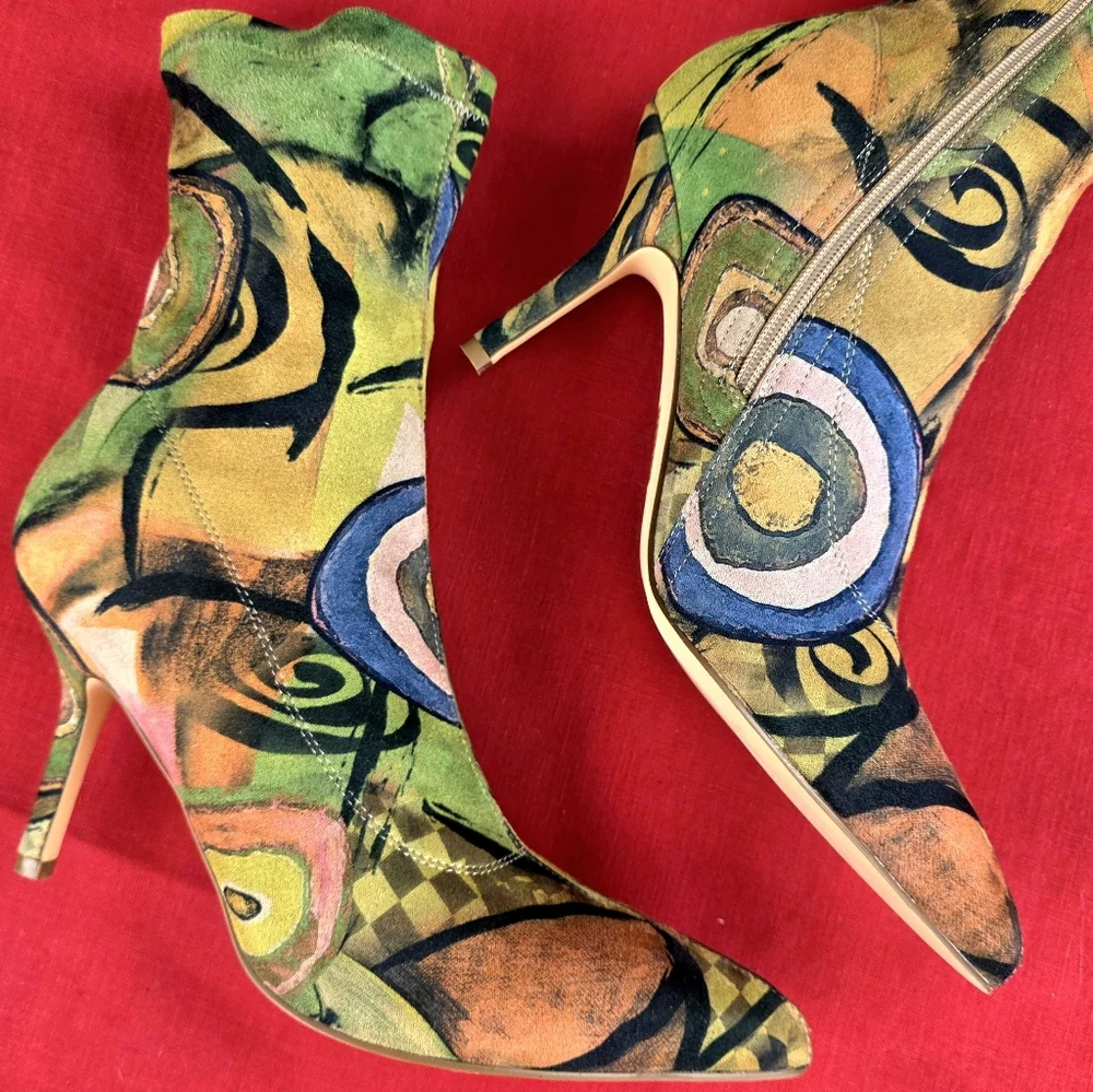 Vivianly Pointy Toe Stiletto Heels Printed Sock Ankle Booties - Picture 8 of 16